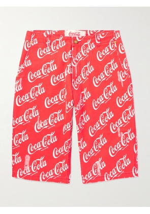 ERL - Coca-Cola Straight-Leg Distressed Printed Cotton-Canvas Shorts - Men - Red - S