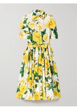 Dolce & Gabbana - Belted Pleated Floral-print Cotton-poplin Midi Dress - Yellow - IT36,IT38,IT40,IT42,IT44,IT46,IT48,IT50