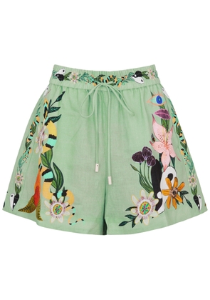 Alemais Meagan Floral-print Linen Shorts - Green - 12 (UK12 / M)