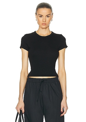 Enza Costa Scallop Edge Pointelle Cap Sleeve Tee in Black - Black. Size L (also in M, S, XS).