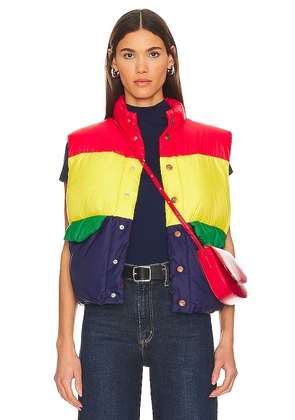 MOTHER The Pillow Talk Tri Color Puffer Vest in Red,Yellow. Size M, S, XS.