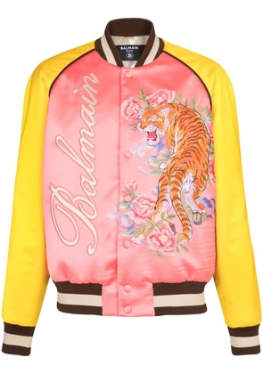 Balmain Tiger-embroidered satin bomber jacket - Pink