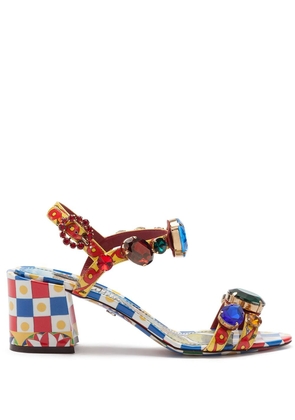 Dolce & Gabbana Carretto-print bejewelled leather sandals - Blue