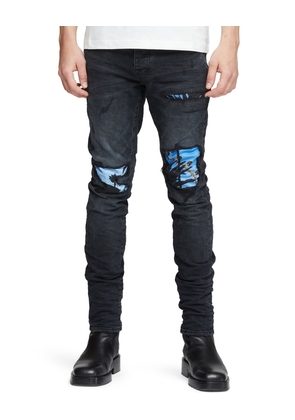 Skinny Jean With Blue Printed Knee Patch - Black
