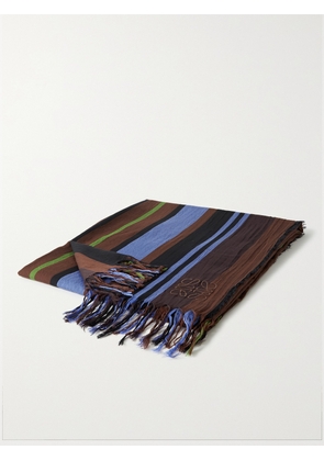 LOEWE - Fringed Logo-Embroidered Striped Cotton-Voile Blanket - Men - Purple