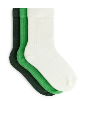 Rib Knit Socks, 3 Pairs - Green