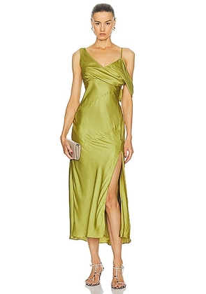 NICHOLAS Finley Asymmetrical Draped Midi Dress in Moss - Olive. Size 0 (also in 2, 4, 6, 8).