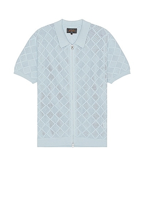 Beams Plus Zip Knit Polo Mesh in Sax - Baby Blue. Size L (also in M, S, XL/1X).