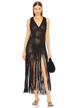 ADRIANA DEGREAS Fringe Maxi Dress in Black. Size S.