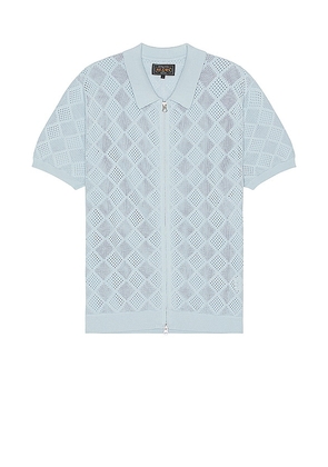 Beams Plus Zip Knit Polo Mesh in Baby Blue. Size M, S, XL/1X.