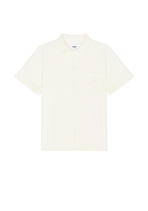 Obey Shelter Terry Cloth Button Up Shirt in Cream. Size M, S, XL/1X.