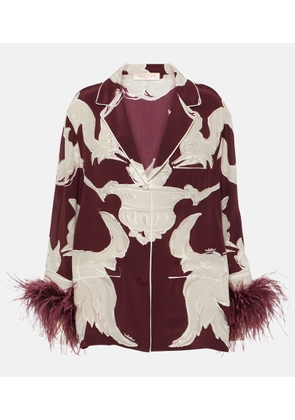 Valentino Printed feather-trimmed silk crêpe de chine blouse