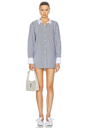 L'AGENCE Malia Cont Collar Tunic Shirt in Midnight & White Stripe - Blue. Size L (also in M, S, XS).