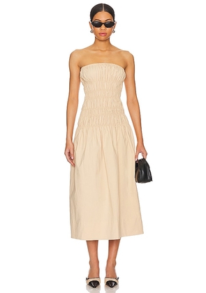 MAJORELLE Vanna Midi Dress in Beige. Size M, S, XL, XXS.