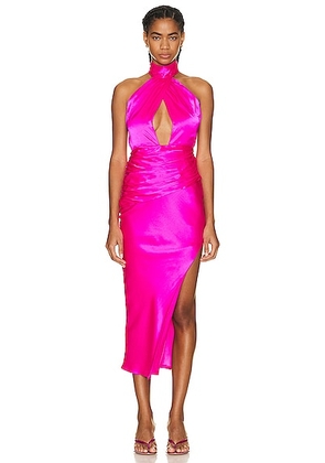 NICHOLAS Tula Halter Cut Out Asymmetrical Midi Dress in Electric Pink - Fuchsia. Size 6 (also in ).