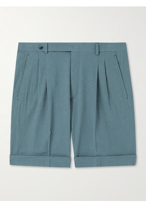 Brioni - Straight-Leg Pleated Cotton-Seersucker Shorts - Men - Blue - IT 46