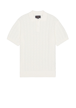 Beams Plus Knit Polo Cable in White - White. Size L (also in M, S, XL).