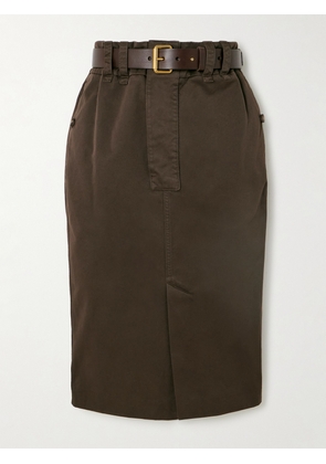 SAINT LAURENT - Belted Leather-trimmed Denim Midi Skirt - Brown - 25,26,27,28,30