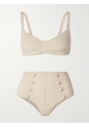 Lisa Marie Fernandez - Button-embellished Seersucker Bikini - Off-white - 0,1,2,3,4