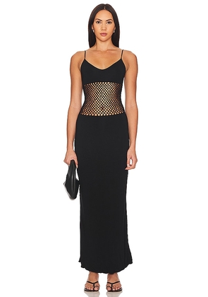 Indah Bella Solid Macrame Detail Maxi Dress in Black. Size L, S, XS.