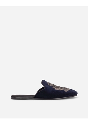 Dolce & Gabbana Velvet Slippers With Coat Of Arms Embroidery - Man Sandals And Slides Blue Velvet 39