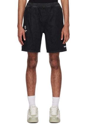 AAPE by A Bathing Ape Black Moonface Embroidered Denim Shorts