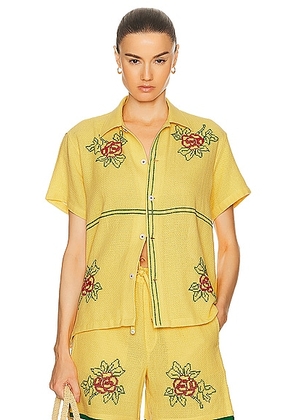 HARAGO Cross Stitch Floral Short Sleeve Shirt in Yellow - Yellow. Size L (also in M, S, XL/1X).