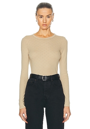 Enza Costa Scallop Edge Pointelle Long Sleeve Crew Top in Tan - Tan. Size L (also in M, S, XS).