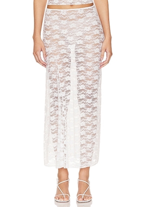 MAJORELLE Alexa Sheer Midi Skirt in White. Size M, XL, XXS.
