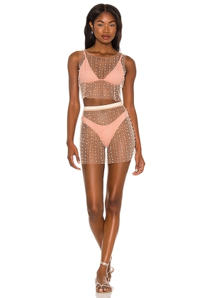 Beach Bunny Glitzy Girl Mesh Pearl Top & Skirt Set in Nude. Size M, S, XS.
