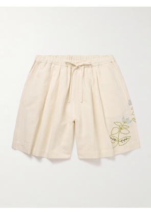 Story Mfg. - Bridge Wide-Leg Embroidered Cotton and Linen-Blend Drawstring Shorts - Men - Neutrals - S