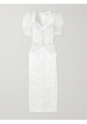 Alessandra Rich - Crystal-embellished Ruffled Silk Organza-trimmed Metallic Lace Peplum Dress - White - IT36,IT38,IT40,IT42,IT44