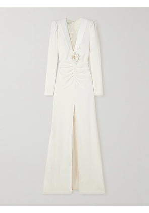 Alessandra Rich - Floral-appliquéd Silk Mikado-trimmed Cady Maxi Dress - White - IT36,IT38,IT40,IT42,IT44,IT46