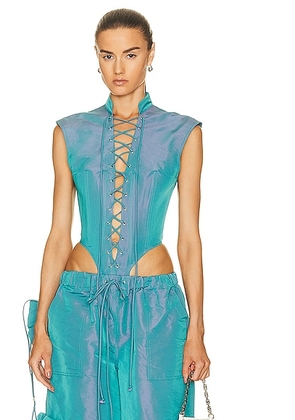LaQuan Smith Utility Lace Up Bodysuit in Aqua - Blue. Size XS (also in ).