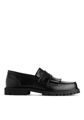 Fringe Leather Loafers - Black