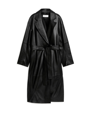 Belted Leather Coat - Black