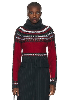Monse Cropped Fairisle Slit Sleeve Turtleneck Sweater in Red & Charcoal - Red. Size S (also in ).