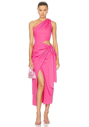 JONATHAN SIMKHAI STANDARD Doran Cotton Poplin Draped Tie Midi Dress in Azalea - Pink. Size XS (also in ).
