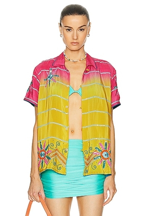 HARAGO Sequin Short Sleeve Shirt in Multi - Yellow. Size L (also in XL/1X).