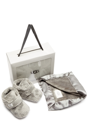 Ugg Kids Bixbee and Lovey Faux fur Slippers and Blanket set - Grey - 3 (M)