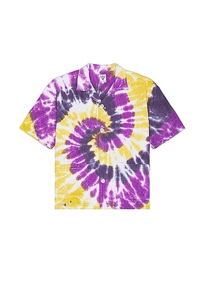 South2 West8 Cabana Shirt Cotton Pile Tie Dye in B-Yellow & Purple - Multi. Size L (also in M, S, XL/1X).