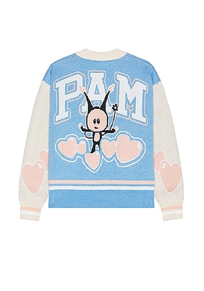P.A.M. Perks and Mini Marpi Varsity Knit Cardigan in Dusty - Blue. Size L (also in M, S, XL/1X).