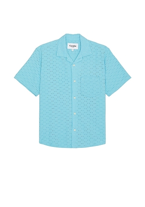 Corridor Floral Eyelet Short Sleeve Camp Shirt in Blue. Size M, S, XL/1X.