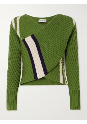 Dries Van Noten - Wrap-effect Striped Ribbed Wool-blend Sweater - Green - small,medium