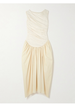 Abadia - Ora Gathered Tencel™ Lyocell And Cotton-blend Poplin And Jersey Midi Dress - White - x small,small,medium,large,x large