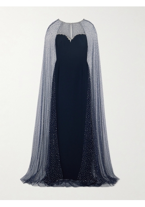 Jenny Packham - Cordelia Cape-effect Crystal-embellished Tulle And Stretch-crepe Gown - Blue - UK 8,UK 10,UK 12,UK 14,UK 16,UK 18,UK 20