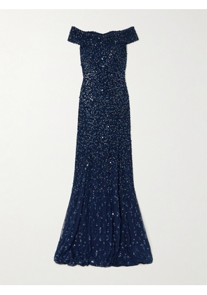 Jenny Packham - Buttercup Off-the-shoulder Embellished Sequined Tulle Gown - Blue - UK 8,UK 10,UK 12,UK 14