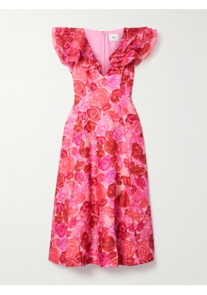 Aje - Enchanted Organza-trimmed Ruffled Floral-print Linen-blend Midi Dress - Pink - UK 6,UK 8,UK 10,UK 12,UK 14,UK 16