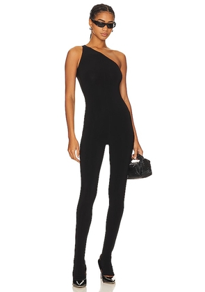 Norma Kamali One Shoulder Catsuit With Footie in Black. Size L, M, S, XL.