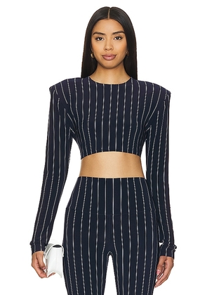 Norma Kamali Cropped Shoulder Pad Long Sleeve Crew Top in Navy. Size M, S, XL, XS.